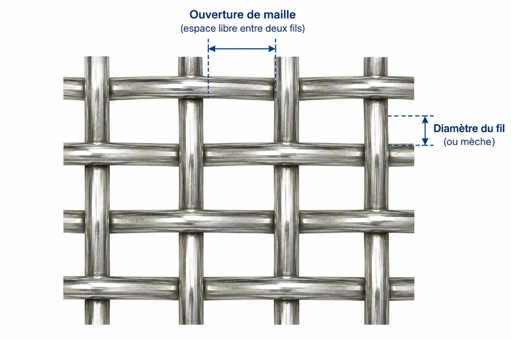 Schéma technique de maille métallique en acier inoxydable.webp