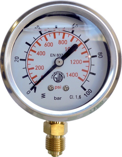 [MANABBMS10015RV-01] MANOMETRE BOITIER BIMETAL GLYCÉRINE Ø 100 - RACCORD LAITON VERTICAL 1/2" (0 - 1 bar)