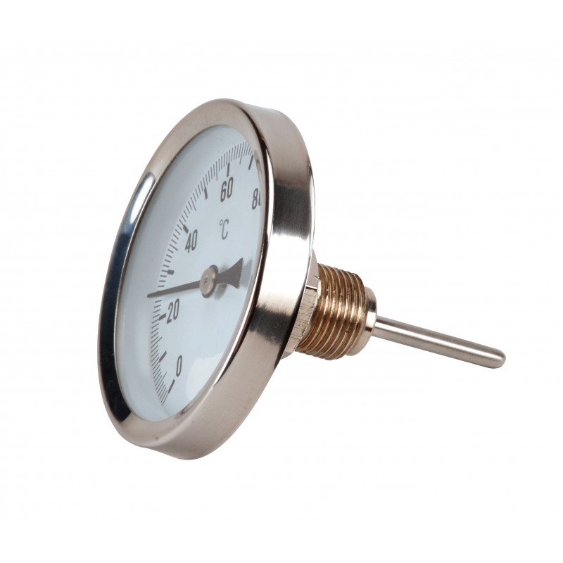 [TCBACVR100AR2-40] THERMOMETRE A CADRAN - BOITIER ACIER CHROME - VOYANT VERRE Ø100 - PLONGE ARRIERE LAITON 1/2" -30 A +50°C AVEC DOIGT DE GANT (M 16x65)