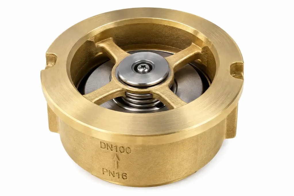 CLAPET AXIAL ANTI-RETOUR À RESSORT ENTRE BRIDES PN16 – CORPS LAITON – DISQUE INOX – RESSORT INOX