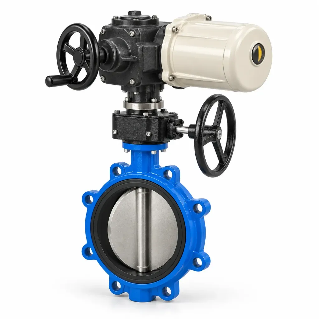 [VP10FE400CH-0350] VANNE PAPILLON ENTRE BRIDES – CORPS FONTE DUCTILE – ACTIONNEUR ÉLECTRIQUE 400 V TRIPHASÉ – COMMANDE MANUELLE DE SECOURS (Fonte ductile nickelée, EPDM CH, PN10, DN350)