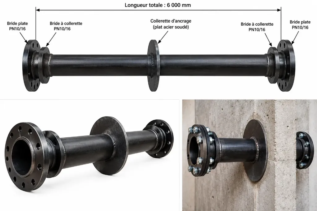 BOBINE D'ANCRAGE PASSE-MUR EN ACIER AU CARBONE – SCH40 – À BRIDES PN16 – L. 6000 MM – FABRICATION SUR MESURE