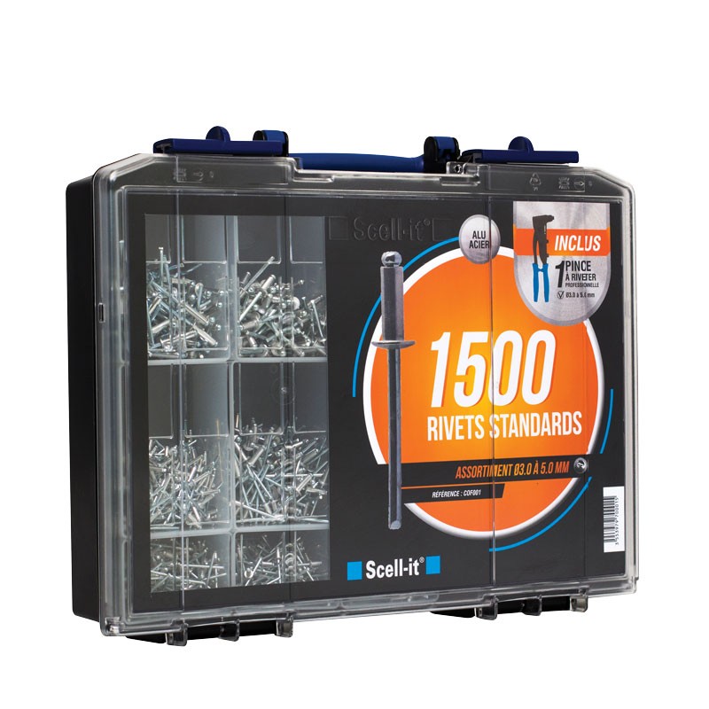 [CBP901] COFFRET DE 1500 RIVETS AVEUGLES STANDARS TETE PLATE - Matière: Aluminium / Acier; Assortiment de Rivet: Ø 3,24 à 4,8 mm; + 1 Pince à riveter