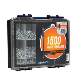 COFFRET DE 1500 RIVETS AVEUGLES STANDARS TETE PLATE - Matière: Aluminium / Acier; Assortiment de Rivet: Ø 3,24 à 4,8 mm; + 1 Pince à riveter